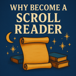 Why become a Scroll Reader illustration with golden scroll and books, representing biblical dream interpretation membership benefits