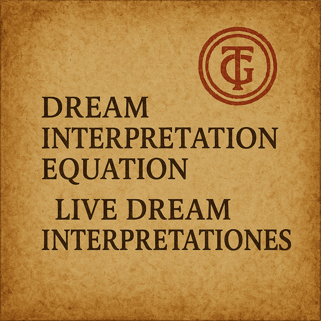 Ancient scroll design with TG red seal and bold title “Dream Interpretation Equation Live Dream Interpretations,” representing biblical dream teaching and live symbolism breakdowns.