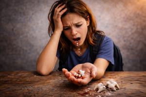 Teenage girl looking distressed as teeth fall from her mouth into her hand, symbolizing instability and loss of foundation.